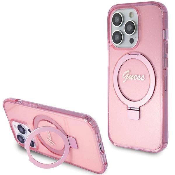 Husa Originala Eleganta Guess Stand Inel MagSafe Sclipici iPhone 15 Pro -Roz - 1 | YEO